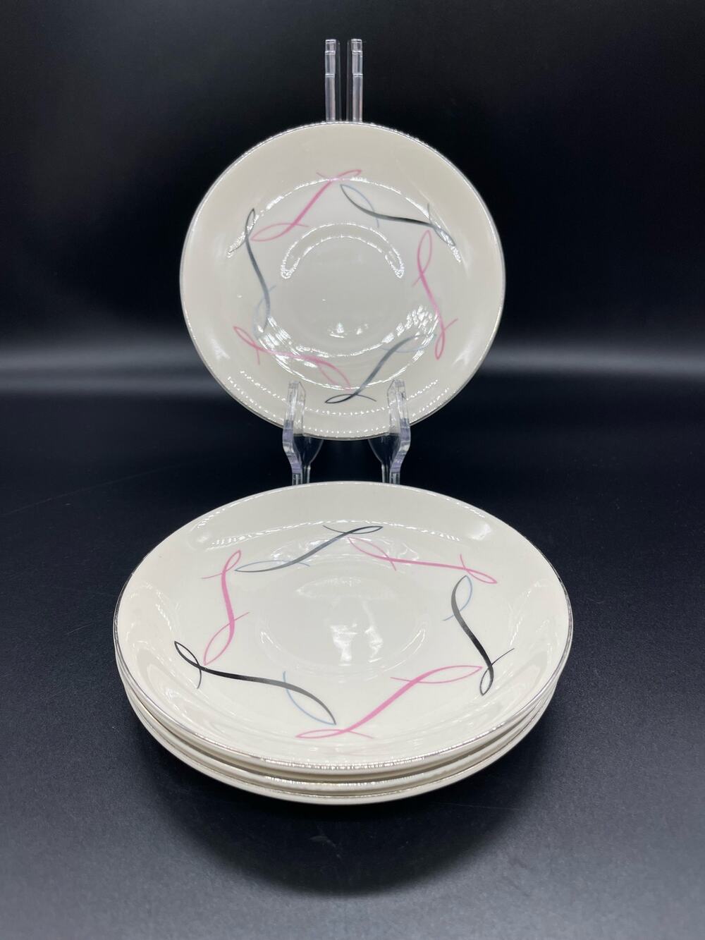 Vintage Atomic 1950’s Set of 4 White Saucers with Pink Silver & Black Design